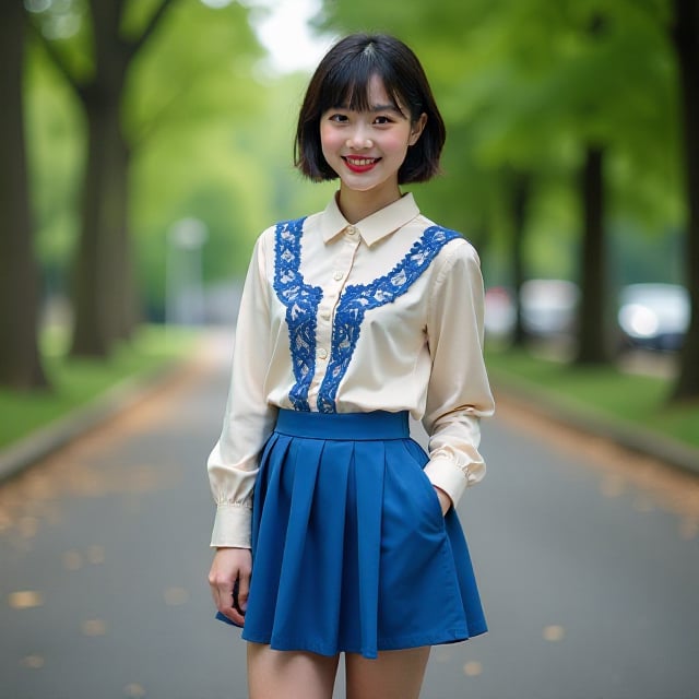 A male androgynous teenager with unisex short hair, dark lipstick, eyeliner, and false lashes, wearing a blue pleated miniskirt, ivory silk blouse with blue lace embroidery, black stockings, and high heels. He stands in a public park, smiling at the camera. The photo is shot with a 35mm lens, capturing a close-up of his confident expression against a natural background.