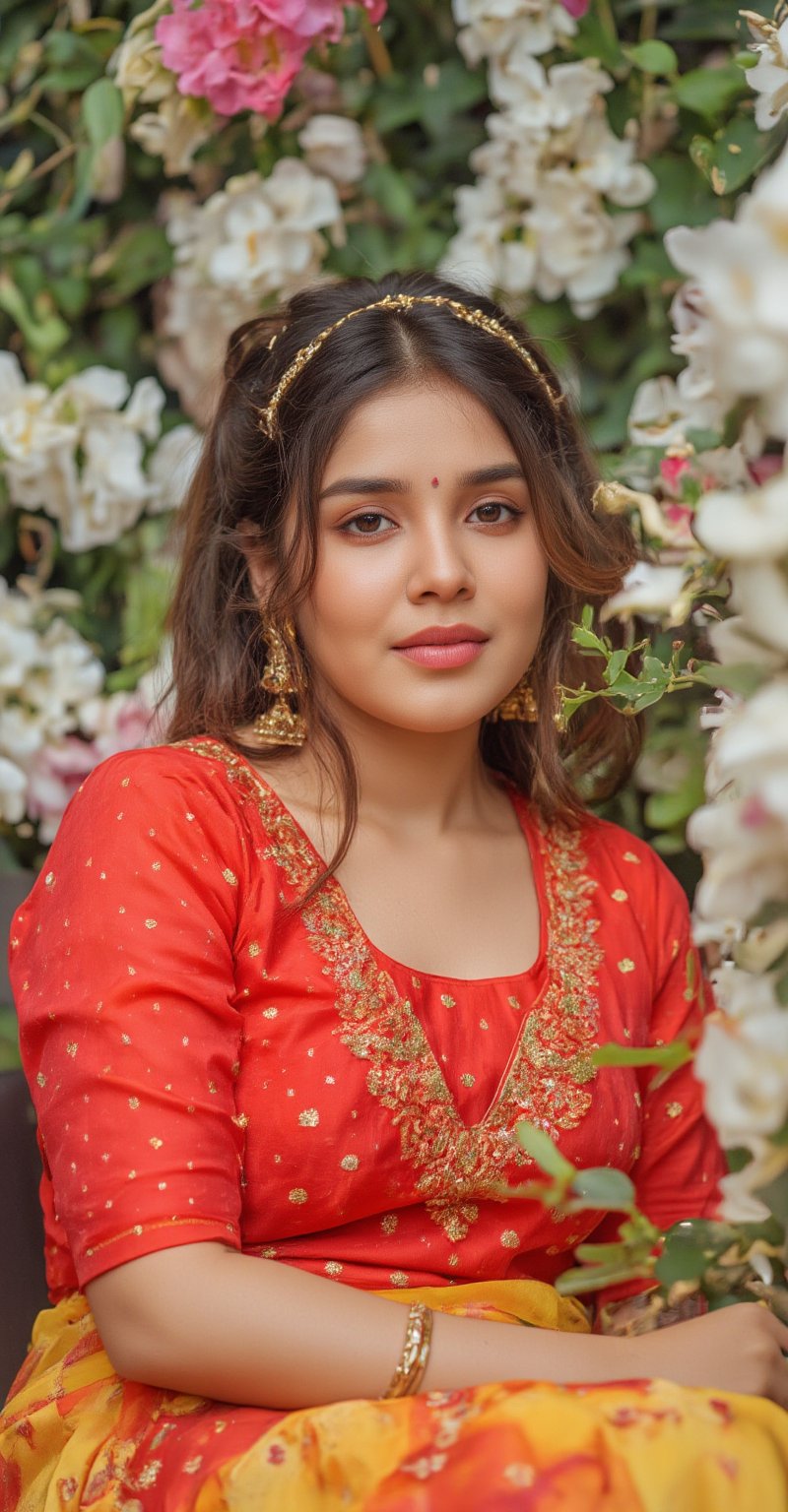 a beautiful Indian woman, dressed in a traditional red and gold saree, adorned with a gold headband. Her hair is styled in a sleek bob, adding a touch of beauty to her outfit. She is seated in front of a backdrop of white and pink flowers, her hair cascades down to her shoulders. The saree is adorned in a vibrant red and yellow pattern, with a matching gold embroidery in the center of her chest. Her bangs are adorned with silver rings, adding contrast to her attire. The backdrop is a mix of green foliage and white flowers, creating a vibrant contrast to the woman's outfit. 