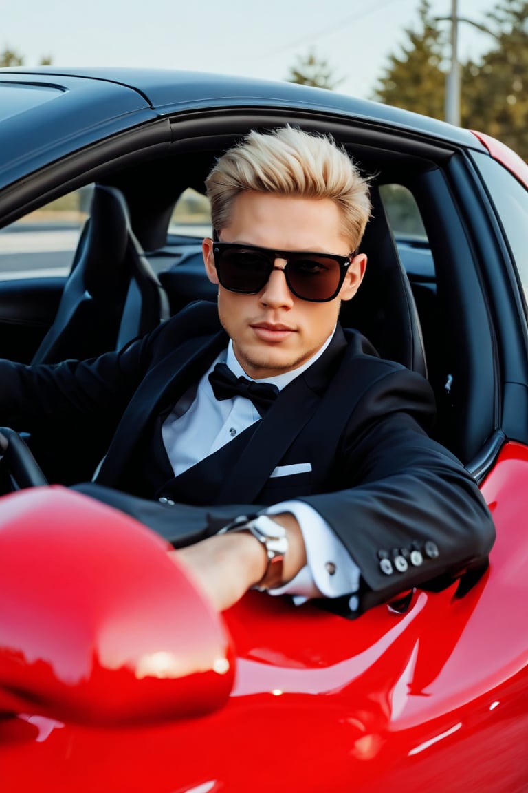  Photorealistic image of a man, full length, wearing a black formal suit. The man is sitting in the driver's seat of a car, he drives the car. The car is a red Ferrari sports car. The shot is from outside the car. The car is moving. The man is Swedish, muscular body, very blonde, short hair, light blue eyes, big bright eyes, long eyelashes, sensual mouth. Elbow hanging from the car window. Wearing a sunglasses, very sexy and modern You must see the details of the car, modern and beautiful Lens: 85mm f/1.8, f/4.0, ISO 100, 1/500 sec,Extremely Realistic