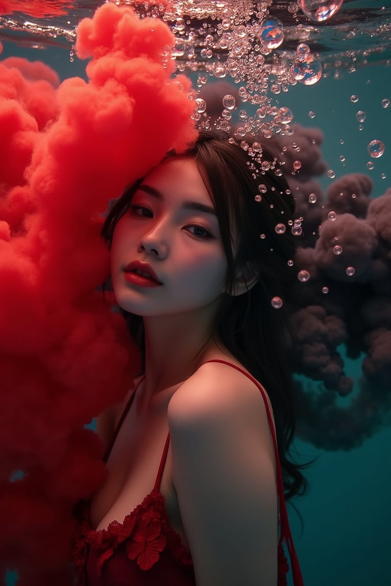 a portrait of a 21yo beautiful hubgwomen submerged, with streams of red and black ink swirling around them, resembling billowing smoke underwater. The play of light creates a stark contrast, highlighting the serene expression on the face amidst the chaos of colors, with bubbles scattered across the view, suggesting a silent, slow-motion explosion. The light refracts through the water, adding depth and a dreamlike quality to the scene, focusing on the interplay between the inky tendrils and the illuminated bubbles., Precipitate girl, sexy pose Lens: 85mm f/1.8, f/4.0, ISO 100, 1/500 sec,Extremely Realistic 8k