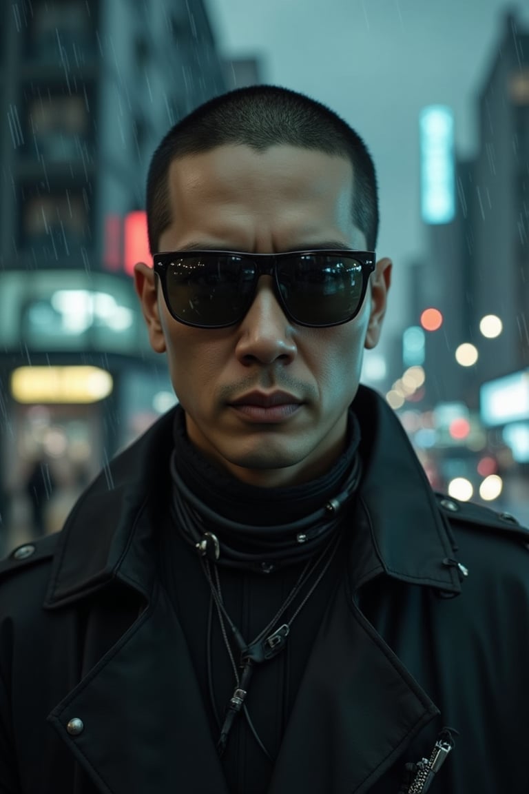 A close-up shot of a man wearing sleek black sunglasses and a long, flowing black leather trench coat, reminiscent of characters from *The Matrix*. His expression is stoic, exuding a sense of mystery and power. The futuristic coat is detailed with subtle metallic accents and cybernetic enhancements visible on his neck and collar. The background features a dark, dystopian city with neon lights reflecting off his sunglasses, digital rain falling, and towering skyscrapers in the distance, evoking a cyberpunk atmosphere. The scene is intense and filled with a futuristic, high-tech vibe, focusing on the man's upper body and head, capturing his presence and confidence.,FuturEvoLabScene
Sampler
Euler
Steps
20
35mm 1.4