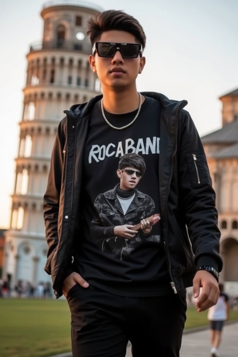 A man wearing a black oversized rock band t-shirt, black pants, street style jacket, pearl necklace, travel in Leaning Tower of Pisa, code-up camera angle, sunglasses, evening, golden light, Leaning Tower of Pisa 85mm 1.4