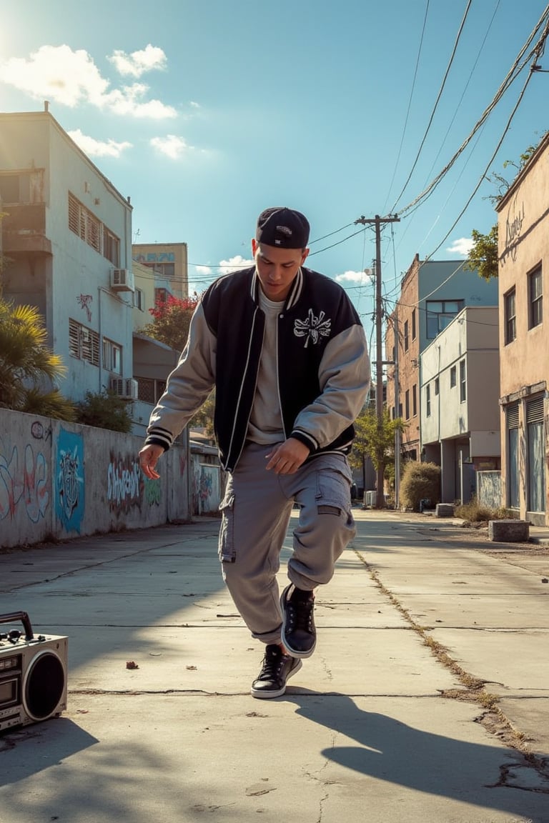 "A detailed digital illustration of a hip hop dancer performing in an empty urban lot, with an old-school boom box blasting beats beside them. The dancer is captured mid-move, one foot off the ground as their body twists in a complex, fluid motion. The backdrop features rundown buildings and a cracked concrete floor, giving the scene a raw, gritty vibe. Graffiti tags cover the walls, and the afternoon sun casts long shadows across the lot. The dancer’s baggy pants and oversized jacket flow with their movement, while their expression is focused, fully immersed in the rhythm of the music."