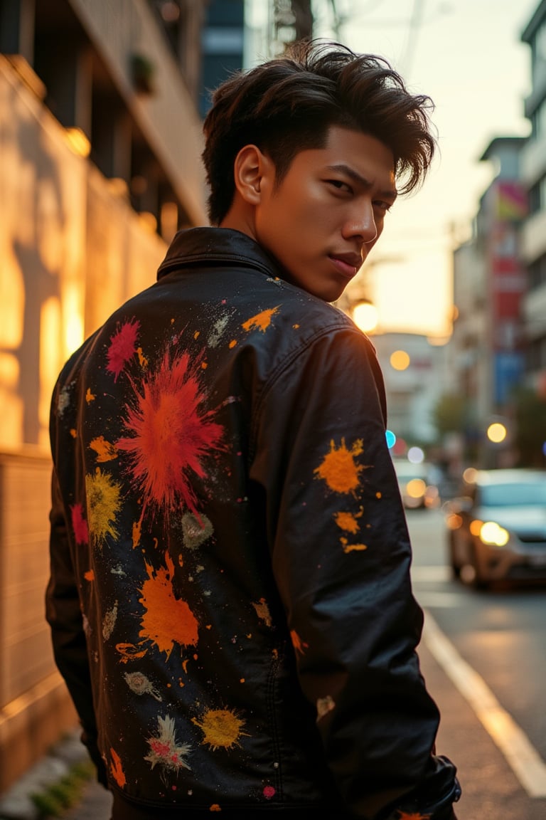 Hasselblad photo portrait of a handsome and mysterious Tokyo young male model, wearing urban clothes inspired by Jackson Pollock, creating the most incredible 2018 fashion look possible. scene is epic, artistic, with light skin and detailed features. He is facing away from the camera, looking back with a big smile, using a Givenchy 100mm portrait lens. The lighting is golden and professionally captured by a natural light photographer.