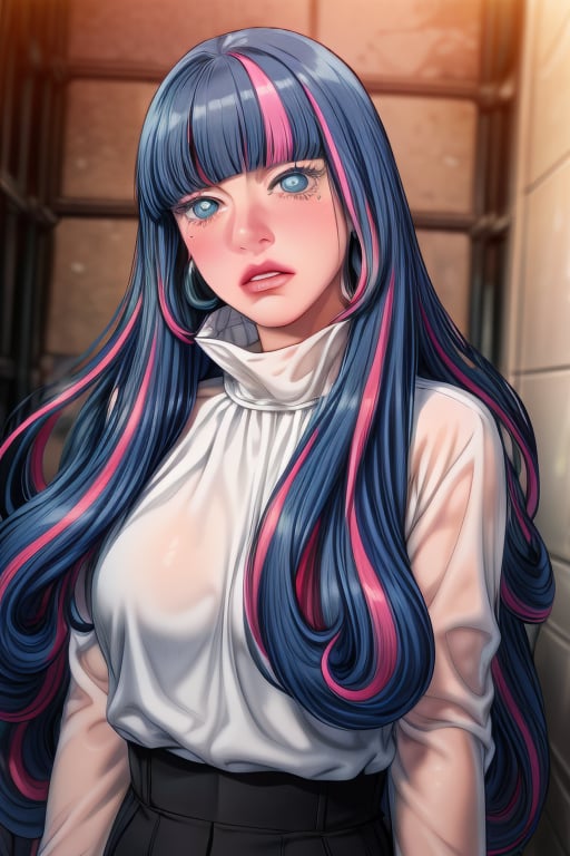 eida,long hair,blue hair,pink hair,multicolored hair,blue eyes,lips,two-tone hair,bangs,blunt bangs,streaked hair, long hair, bangs, blue eyes, very long hair, blue hair, pink hair, multicolored hair, earrings, blunt bangs, two-tone hair, streaked hair