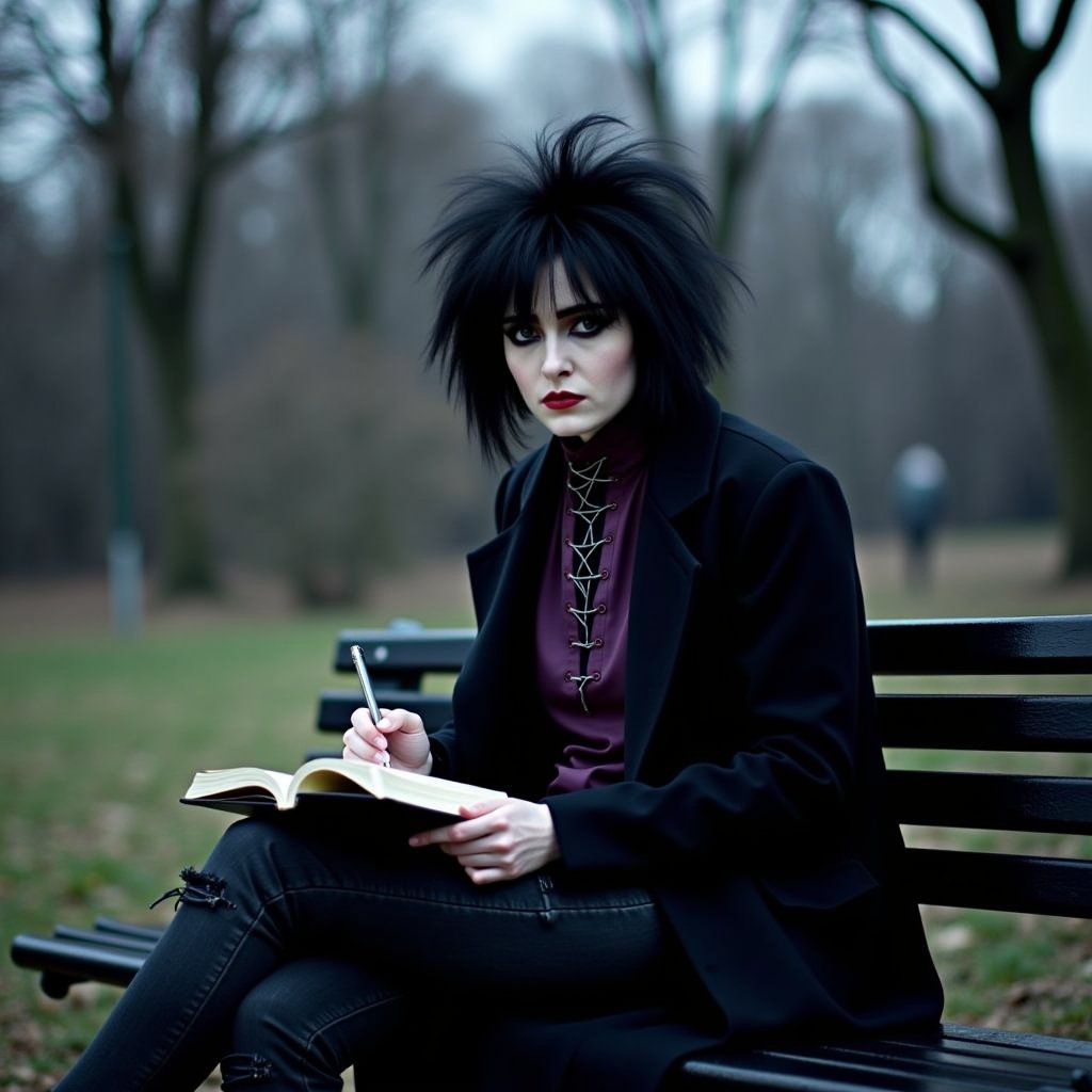 a photo of siouxie writing poetry in a dark abandoned park, she is sitting on a bech smoking and writing notes in her little black notebook, she is wearing a long coat, a dark purple laced high neck shirt, and black trashed jeans, the colors in the image are black , white, greys and eerie silver, during a cloudy cold day, she's looking at the viewer,8k, ultra realistic, cinematic, ultra detailed