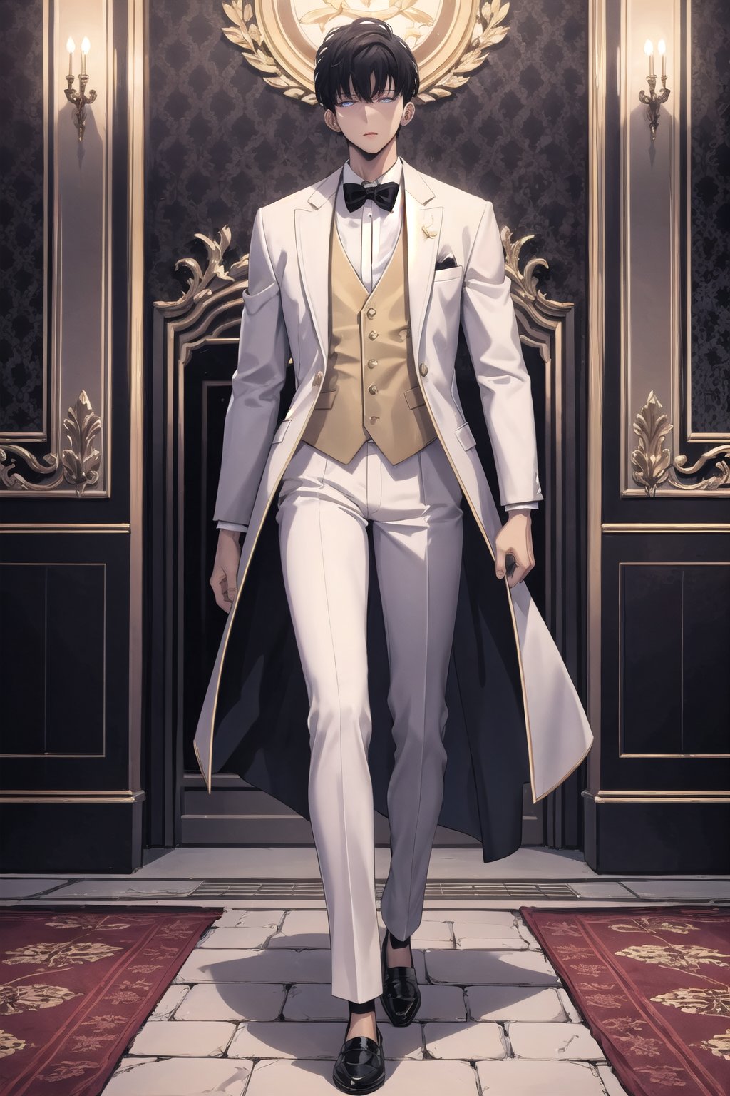 1 men,two piece suit ware,white colour suit,black colour shirt, white colour bow tie,white colour pant, classes  shoes, standing, holding shampain glass, shampain drink,royal party,golden royal party hall,gold art work on tuxedo,black hairs,dark purple eyes,big anatomy, perfect body, perfect anatomy, perfect fingers, perfect legs, perfect tuxedo,lips,male focus,short hair,glowing eyes,closed mouth,royal party background,solo,solo standing, muscular anatomy,  hall background
, Other persons, coming out from room