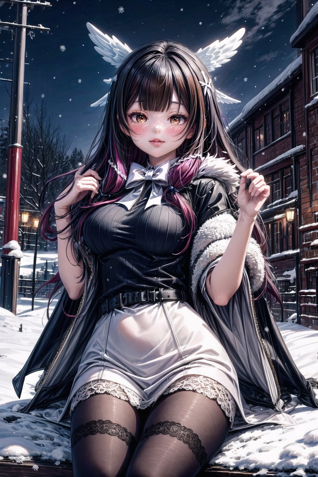 1 girl,snow fall, heavy snow fall, night time, winter open zip black colour sweater, black stockings, looking at viwer,hands up, perfect body, perfect anatomy, perfect body, perfect finger, perfect legs,best art,high resolution,8k resolution,8k quality,best quality artwork, award winning, beautiful girl, beautiful face,1girl,solo,shaonv,white mask,head wings,fur-trimmed coat,smile,white coat,white bow,white dress,white ribbon, smooth colours, perfect body colour