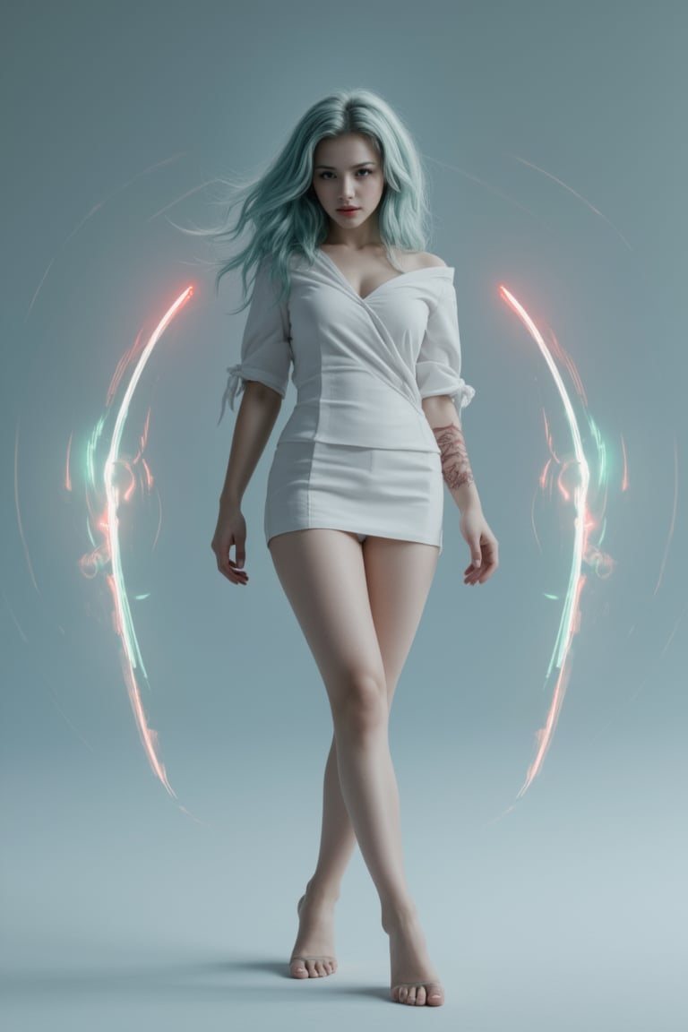  minimalis and simple, WLOP Art style, GhostBlade , realism,, realistic, woman model fashion concept ,,fullbody,  white blue  red green tone, fire effect, rim light,