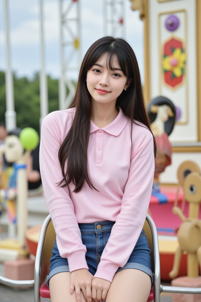 background is amusement park, 20 yo, 1 girl, beautiful Japanese girl, wearing pink collared long sleeve shirts,short jeans, happy smile, ride a merry-go-round, solo, {beautiful and detailed eyes}, dark eyes, calm expression, delicate facial features, ((model pose)), Glamor body type, (dark hair:1.2), simple tiny earrings, very_long_hair, hair past hip, bang, straight hair, flim grain, realhands, masterpiece, Best Quality, 16k, photorealistic, ultra-detailed, finely detailed, high resolution, perfect dynamic composition, beautiful detailed eyes, eye smile, ((nervous and embarrassed)), sharp-focus, full_body, cowboy_shot,