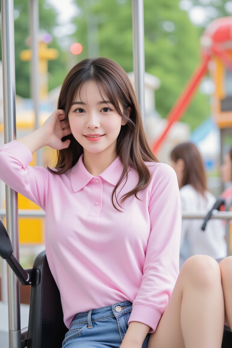 background is amusement park, 20 yo, 1 girl, beautiful Japanese girl, wearing pink collared long sleeve shirts,short jeans, happy smile, ride a merry-go-round, solo, {beautiful and detailed eyes}, dark eyes, calm expression, delicate facial features, ((model pose)), Glamor body type, (dark hair:1.2), simple tiny earrings, very_long_hair, hair past hip, bang, straight hair, flim grain, realhands, masterpiece, Best Quality, 16k, photorealistic, ultra-detailed, finely detailed, high resolution, perfect dynamic composition, beautiful detailed eyes, eye smile, ((nervous and embarrassed)), sharp-focus, full_body, cowboy_shot,