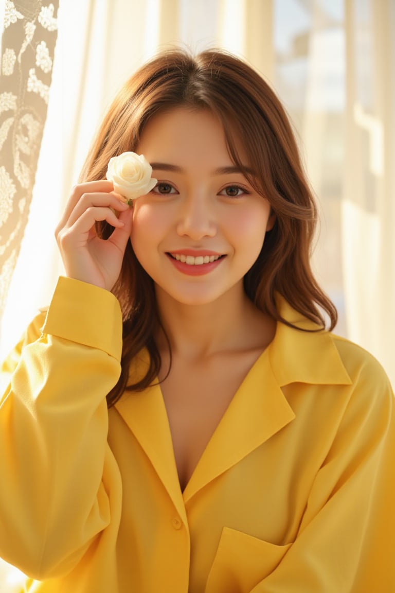 Realistic illustration, Surreal, Masterpiece, Elaborate details), (Simple background), ((Masterpiece, Best quality, High resolution, Highly detailed CG integrated 8K wallpaper)), An American woman with a perfect beautiful face, holding a white rose to her left eye and a pure bright smile. She is wearing an oversized yellow boxy shirt. Bright sunlight is filtered through the lace curtains fluttering in the wind behind her, creating a mysterious and fantastic scene. Stereoscopic, Aesthetic, Cinematic,