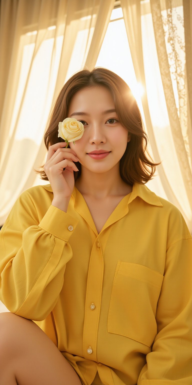 Realistic illustration, Surreal, Masterpiece, Elaborate details), (Simple background), ((Masterpiece, Best quality, High resolution, Highly detailed CG integrated 8K wallpaper)), An American woman with a perfect beautiful face, holding a white rose to her left eye and a pure bright smile. She is wearing an oversized yellow boxy shirt. Bright sunlight is filtered through the lace curtains fluttering in the wind behind her, creating a mysterious and fantastic scene. Stereoscopic, Aesthetic, Cinematic,