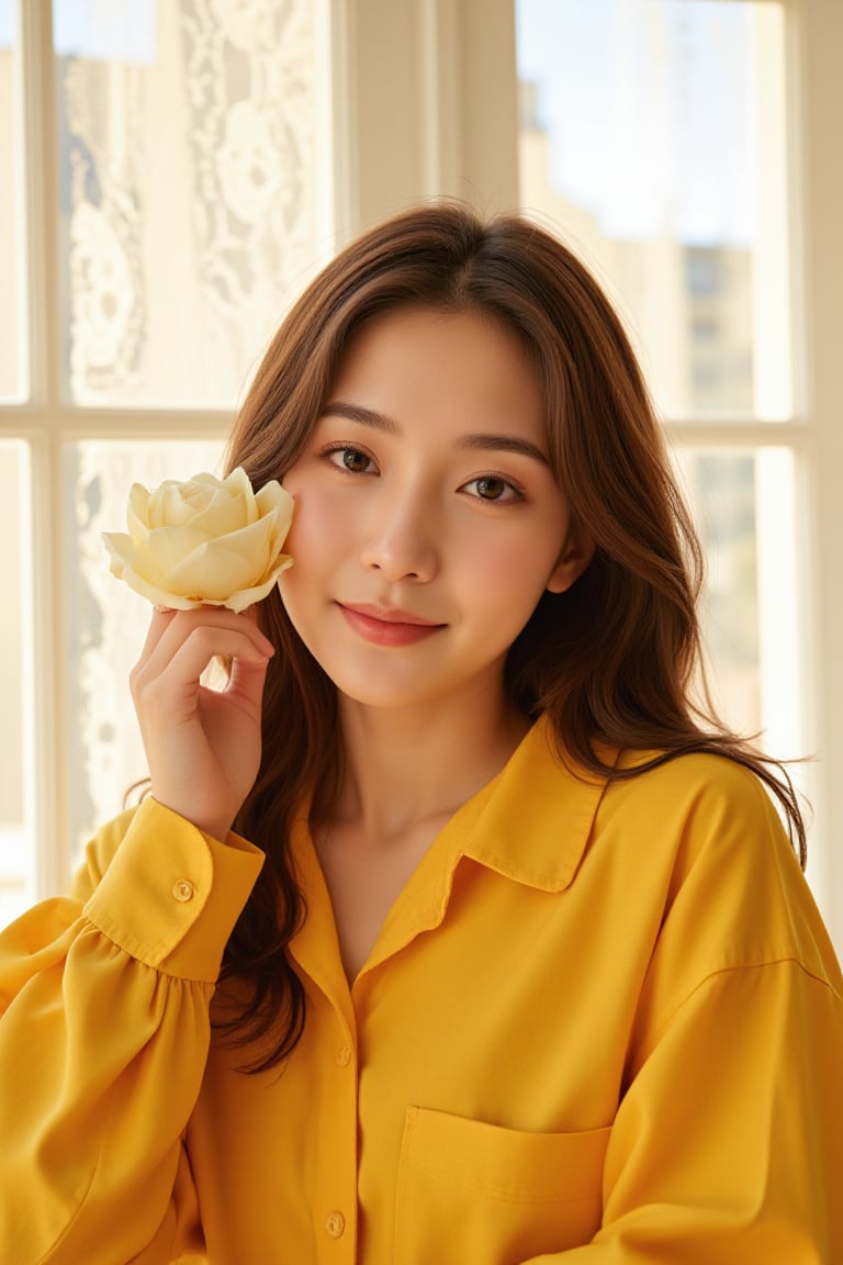 Realistic illustration, Surreal, Masterpiece, Elaborate details), (Simple background), ((Masterpiece, Best quality, High resolution, Highly detailed CG integrated 8K wallpaper)), An American woman with a perfect beautiful face, holding a white rose to her left eye and a pure bright smile. She is wearing an oversized yellow boxy shirt. Bright sunlight is filtered through the lace curtains fluttering in the wind behind her, creating a mysterious and fantastic scene. Stereoscopic, Aesthetic, Cinematic,