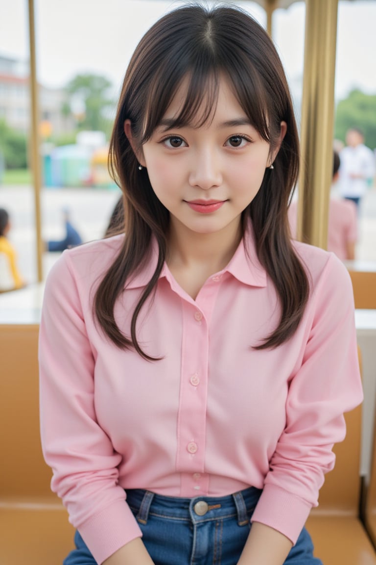 background is amusement park, 20 yo, 1 girl, beautiful Japanese girl, wearing pink collared long sleeve shirts,short jeans, happy smile, ride a merry-go-round, solo, {beautiful and detailed eyes}, dark eyes, calm expression, delicate facial features, ((model pose)), Glamor body type, (dark hair:1.2), simple tiny earrings, very_long_hair, hair past hip, bang, straight hair, flim grain, realhands, masterpiece, Best Quality, 16k, photorealistic, ultra-detailed, finely detailed, high resolution, perfect dynamic composition, beautiful detailed eyes, eye smile, ((nervous and embarrassed)), sharp-focus, full_body, cowboy_shot,