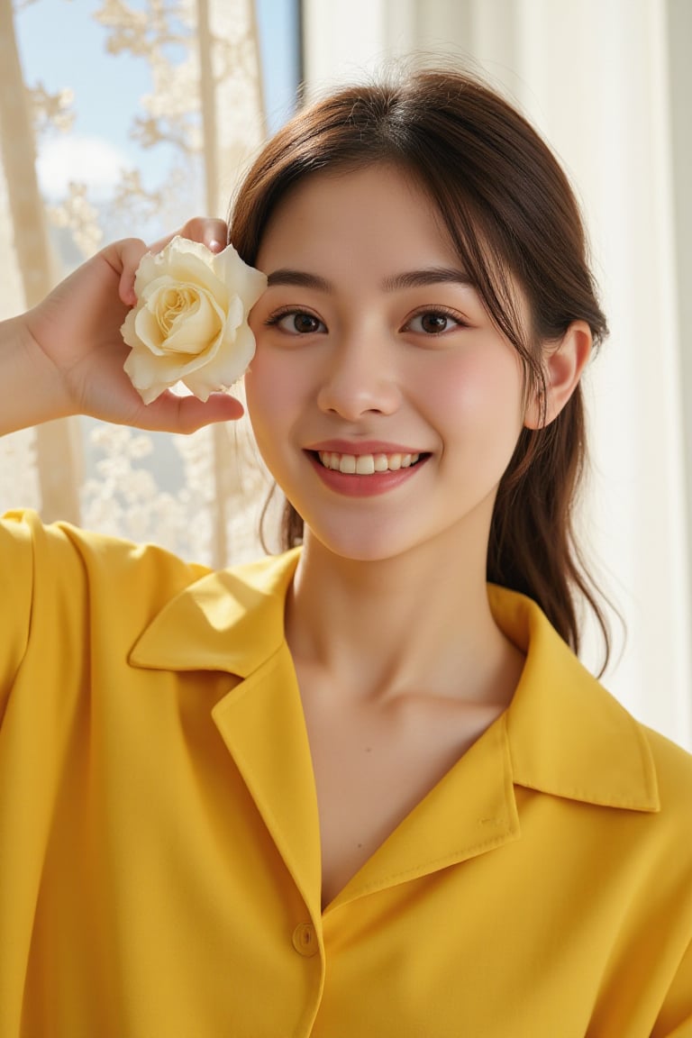 Realistic illustration: 1.1, Surreal: 1.2, Masterpiece, Elaborate details: 1.2), (Simple background: 1.0), ((Masterpiece, Best quality, High resolution, Highly detailed CG integrated 8K wallpaper)), An American woman with a perfect beautiful face, holding a white rose to her left eye and a pure bright smile. She is wearing an oversized yellow boxy shirt. Bright sunlight is filtered through the lace curtains fluttering in the wind behind her, creating a mysterious and fantastic scene. Stereoscopic, Aesthetic, Cinematic,