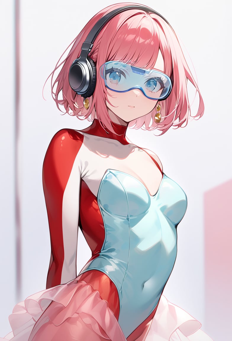 (Transparent goggles on eyes:1),Transparent very see-through skirt, (layer of pink socks:1.1), White ballet srippers,  (She is Layer  of very light blue leotard:1.3),  White ballet srippers,(red skinsuit:1.4),blue eyes,   (gray headphone:1), female ballet dancer,Pink hair, bob hair, semilong hair,  gold earrings,  1 mature mother, solo, alone, full body,cybertutu,female ballet dancer