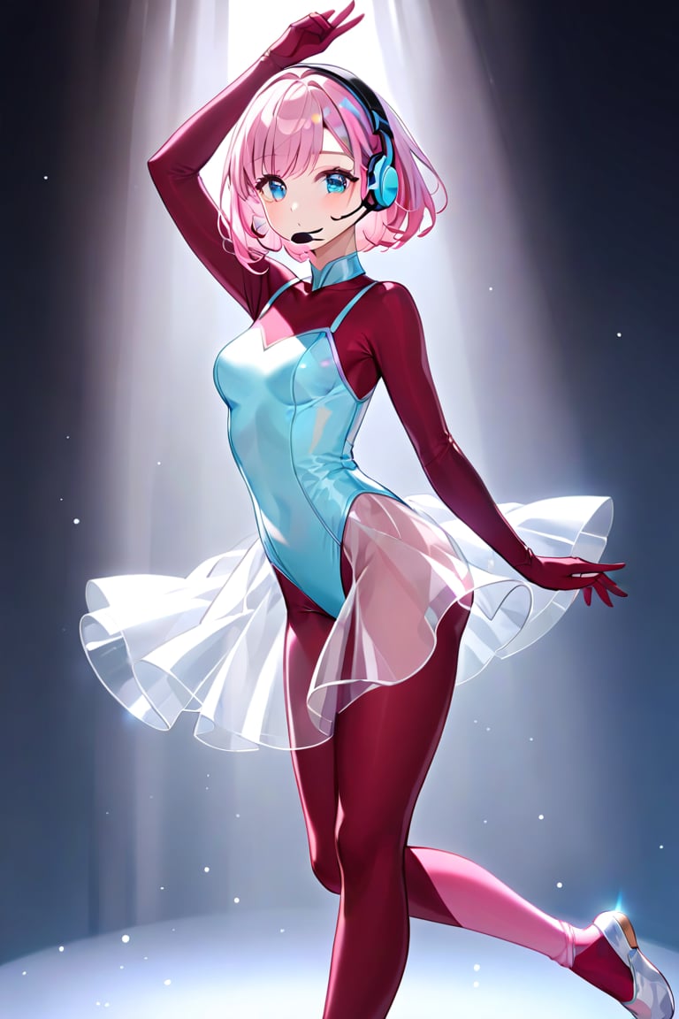  (very light blue leotard:1.4), (crimson bodystocking1.3), transparent Visor, blue eyes, (gray headset:1.3), ears are hidden, Pink hair, bob hair, Medium hair, (gold earrings:1), , (transparent see-through skirt:1.1),, (pink highsocks:1),White ballet shoes, 1 lady, solo, alone,looking at viewer, angle-various, various-pose, ballet, 