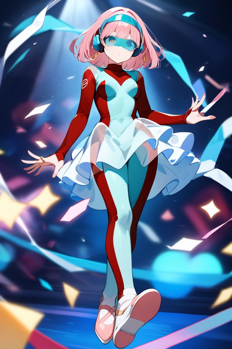  (very light blue and crimson bodysuit:1.4), skin tight, transparent Visor on eyes, blue eyes, (gray headphone:1), Pink hair, bob hair, Medium hair, (gold earrings:1), Exposed fingers, (transparent see-through skirt:1.1),, (pink highsocks:1),White ballet shoes, 1 lady, solo, alone,full body, CyberTutu