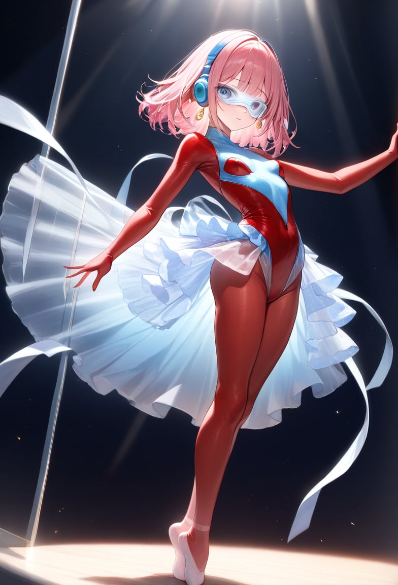 (Transparent goggles on eyes:1),Transparent very see-through skirt, (layer of pink socks:1.1), White ballet srippers,  (She is Layer  of very light blue leotard:1.3),  White ballet srippers,(red skinsuit:1.4),blue eyes,   (gray headphone:1), female ballet dancer,Pink hair, bob hair, semilong hair,  gold earrings,  1 woman, solo, alone, full body,cybertutu,female ballet dancer,Intricate details,Extremely detailed,Outstanding intricacies,(Masterpiece:1.2),(Best quality:1.2),(Absurdres absolutely resolution:1.4)