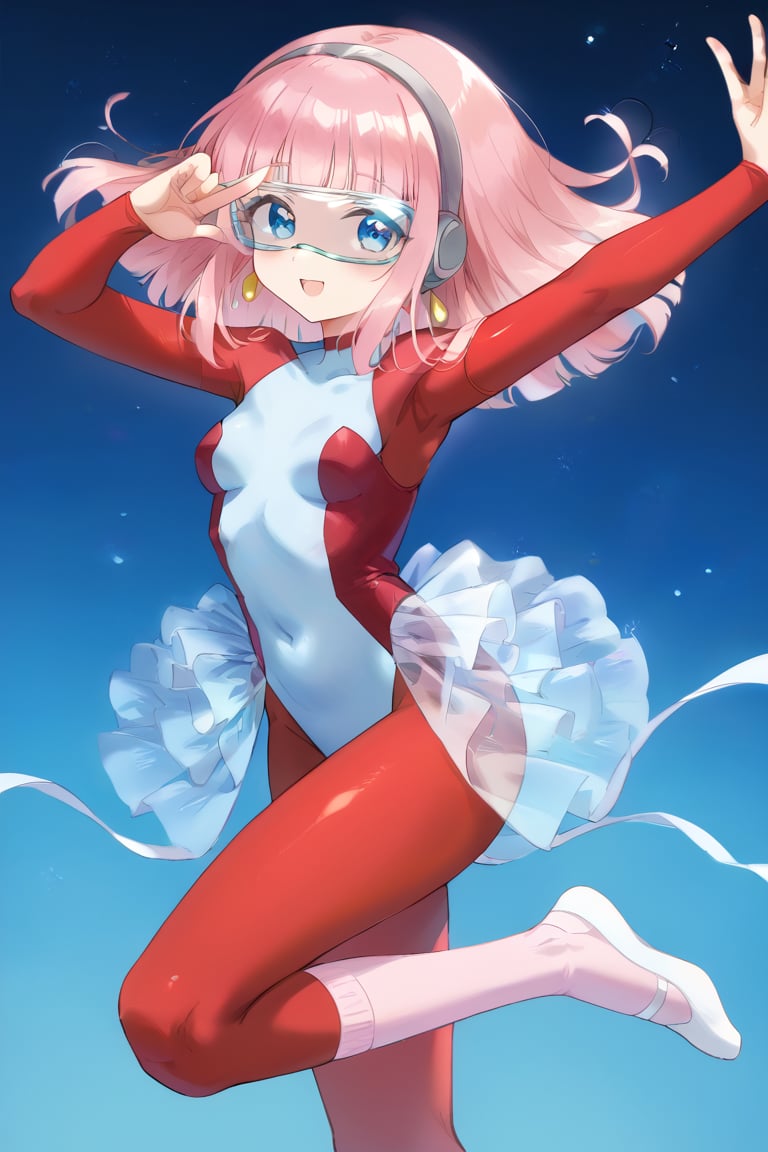 (Transparent goggles on eyes:1),Transparent very see-through skirt, (layer of pink socks:1.1), White ballet srippers,  (She is Layer  of very light blue leotard:1.3),  White ballet srippers,(red skinsuit:1.4),blue eyes,   (gray headphone:1), female ballet dancer,Pink hair, bob hair, semilong hair,  gold earrings,  1 woman, solo, alone, full body,cybertutu,female ballet dancer