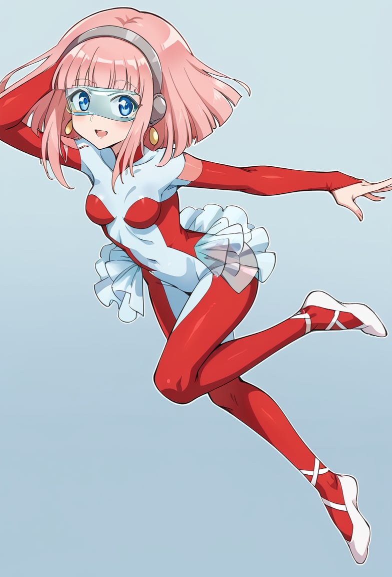 (Transparent goggles on eyes:1),Transparent very see-through skirt, (layer of pink socks:1.1), White ballet srippers,  (She is Layer  of very light blue leotard:1.3),  White ballet srippers,(red skinsuit:1.4),blue eyes,   (gray headphone:1), female ballet dancer,Pink hair, bob hair, semilong hair,  gold earrings,  1 mature mother, solo, alone, full body,cybertutu,female ballet dancer