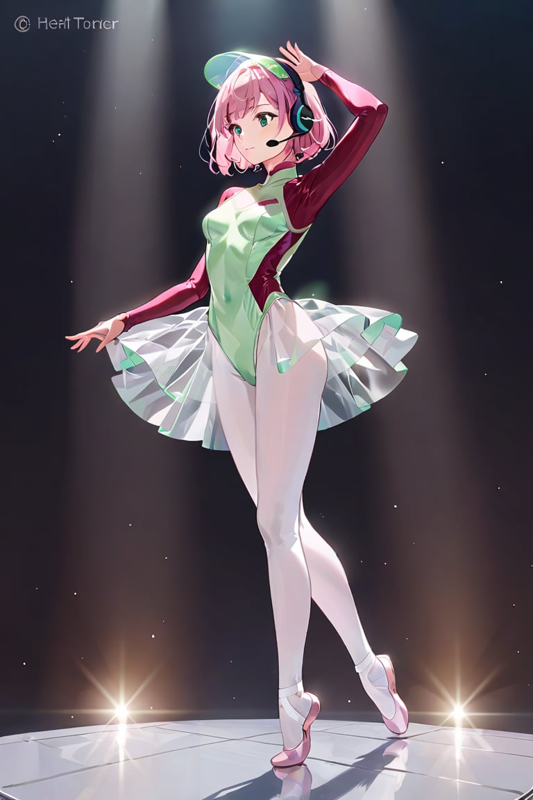  (very light green leotard:1.4), (crimson bodysuit:1.3), transparent Visor, blue eyes, (gray headset:1.3), ears are hidden, Pink hair, bob hair, Medium hair, (gold earrings:1), , (transparent see-through skirt:1.1),, (pink highsocks:1),White ballet shoes, 1 lady, solo, alone,angle-various, various poses, ballet