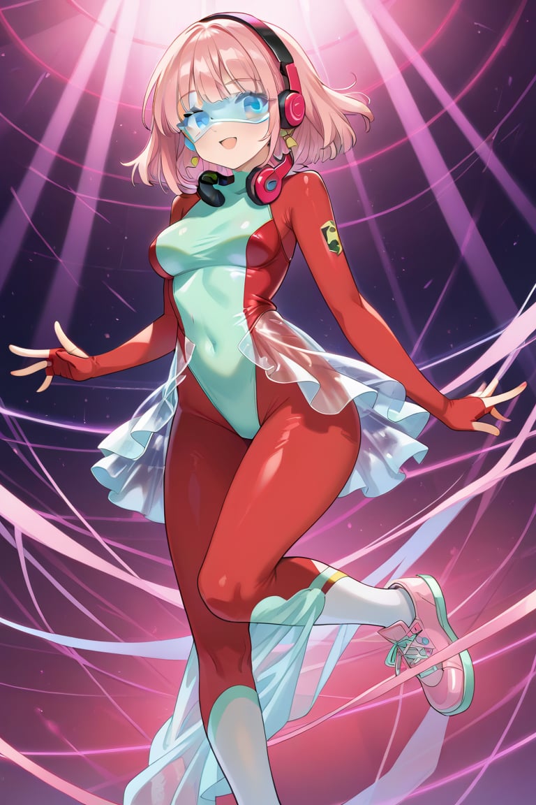 (very light green leotard:1.4), (red bodysuit:1.3), transparent Visor, blue eyes, (headphone:1.3), ears are hidden, Pink hair, bob hair, medium hair, (gold earrings:1), Exposed fingers, (transparent see-through skirt:1.1),, (pink thigh high socks:1), White pointe shoes, , 1 woman, solo, alone,