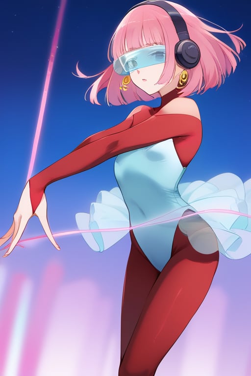 (Transparent goggles on eyes:1),Transparent very see-through skirt, (layer of pink socks:1.1), White ballet srippers,  (She is Layer  of very light blue leotard:1.3),  White ballet srippers,(red skinsuit:1.4),blue eyes,   (gray headphone:1), female ballet dancer, Pink hair, bob hair, semilong hair,  gold earrings,  1 mature female, solo, alone, full body,cybertutu,female ballet dancer,(masterpiece),scenery