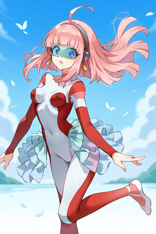 (Transparent goggles on eyes:1),Transparent very see-through skirt, (layer of pink socks:1.1), White ballet srippers,  (She is Layer  of very light blue leotard:1.3),  White ballet srippers,(red skinsuit:1.4),blue eyes,   (gray headphone:1), female ballet dancer, Pink hair, bob hair, semilong hair,  gold earrings,  1 mature female, solo, alone, full body,cybertutu,female ballet dancer,(masterpiece),scenery