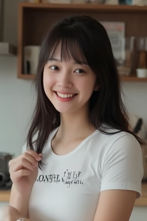 1woman,28 years old,smiling,black long hair,black eyes,,white open t-shirt,(((on the t-shirt,loneyl)))writes(best quality,high level :),(vibrant colors,colour :), (bokeh),(full length portraits), (studio lighting),(ultra fine image),(sharp) focus),(highly detailed eyes, body and face),(detailed lips),(beautiful detailed eyes),( long eyelashes)