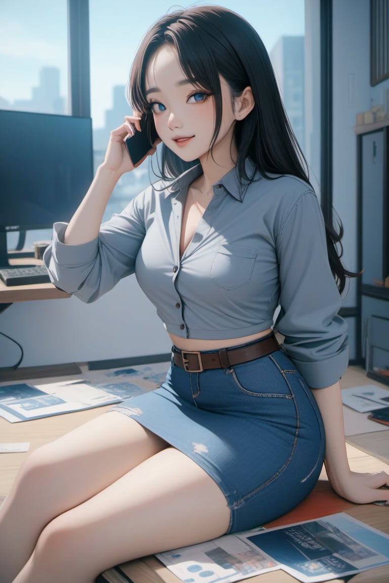 pretty asian woman is sitting while calling a phone, smiling, she has dark-brown long hair (+forehead), wears gray half sleeves crop collared shirt, dark prussian-blue ripped denim pencil skirt, brown belt, black ankle boots, BREAK, ((best quality,4k,8k,highres,masterpiece:1.2),ultra-detailed, (very aesthetic:1.2), (absurdres:1.2), (detailed background), intricate details, newest, sfw), (1girl, solo, full body), (japanese anime style),(expressive eyes, perfect face, perfect anatomy)