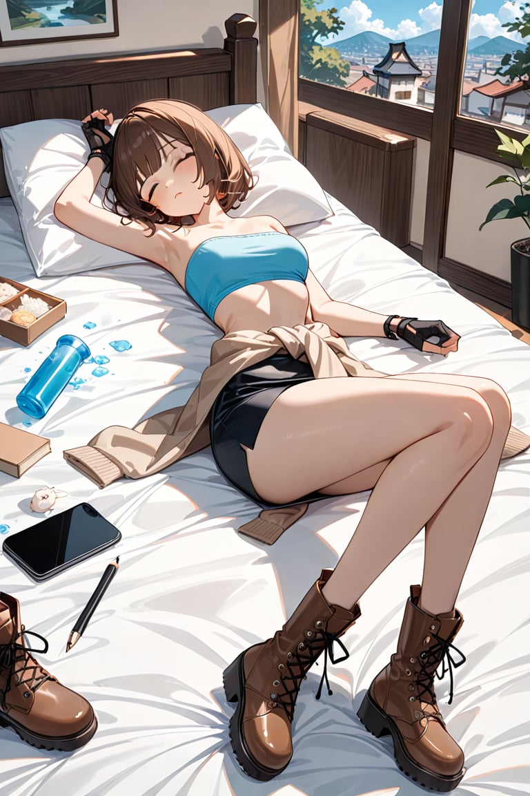 pretty girl, brown bob cut, lying down on bed, lying on flat, sleep with turning face up, sleeping, closed eyes, she wears cyan-blue tube top (+strapless), black pencil skirt, fingerless gloves, brown combat boots, white clothes around her waist, BREAK, ((masterpiece:1.2), (best quality:1.2), (very aesthetic:1.2), (absurdres:1.2), (detailed background),intricate details, newest), (1girl, solo, full body), (japanese anime style)