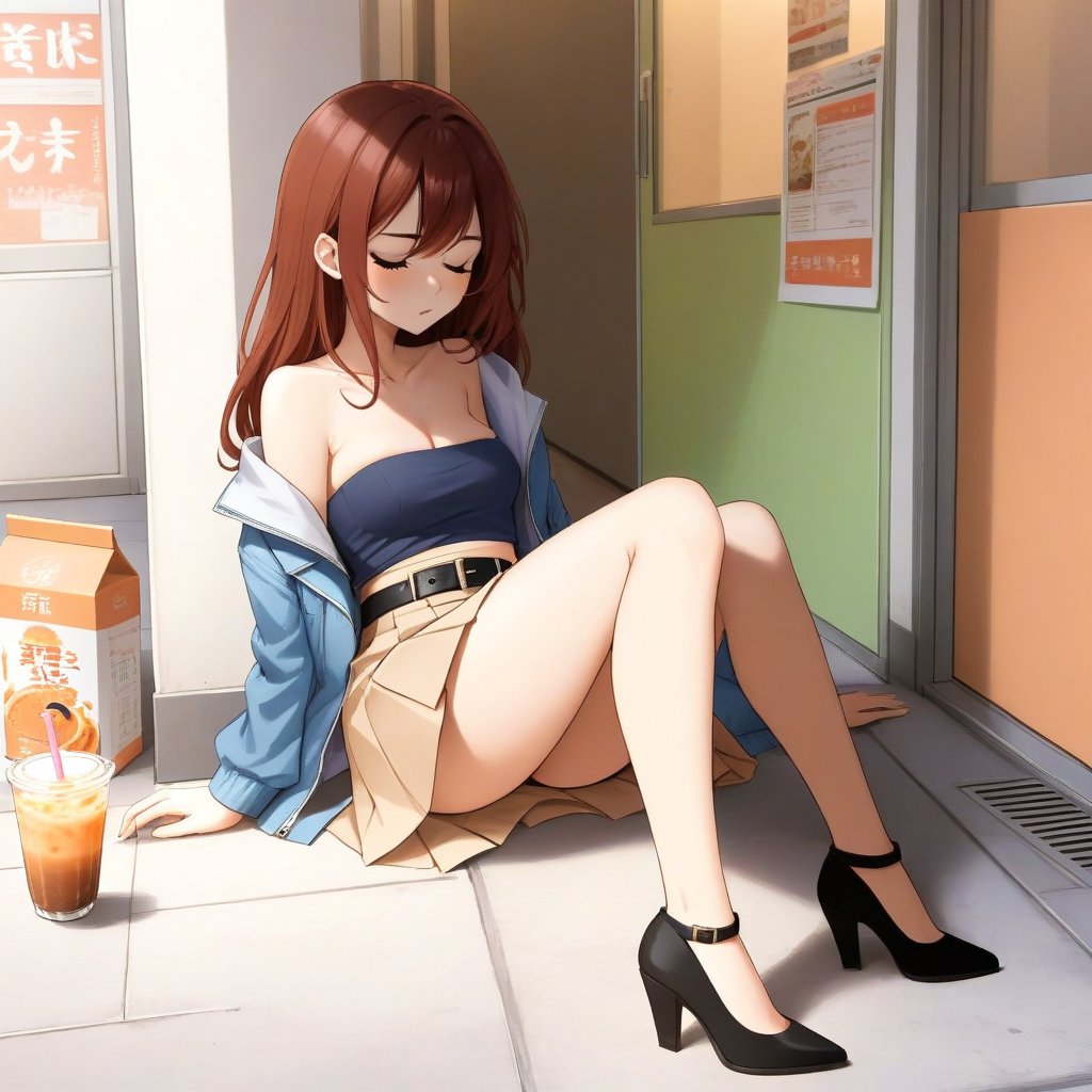 realistic anime illustration of sleeping beautiful office woman is sitting on ground at the room 's corner, her back is leaning against wall, her legs is spreading, closed eyes, her green bag on ground, BREAK, she is black long hair (+reddish-brown ombre hair), wears pastel indigo-blue short sleeve jacket, open jacket, thai tea-brown tube top (+strapless), dark beige pencil skirt with black belt, and black heels, BREAK, ((masterpiece:1.2), (best quality:1.2), (very aesthetic:1.2), (absurdres:1.2), (detailed background),intricate details, newest), (1girl, solo, full body), (japanese anime style), (pastel indigo-blue short sleeve jacket, open jacket, thai tea-brown tube top (+strapless), dark beige pencil skirt with black belt, and black heels)