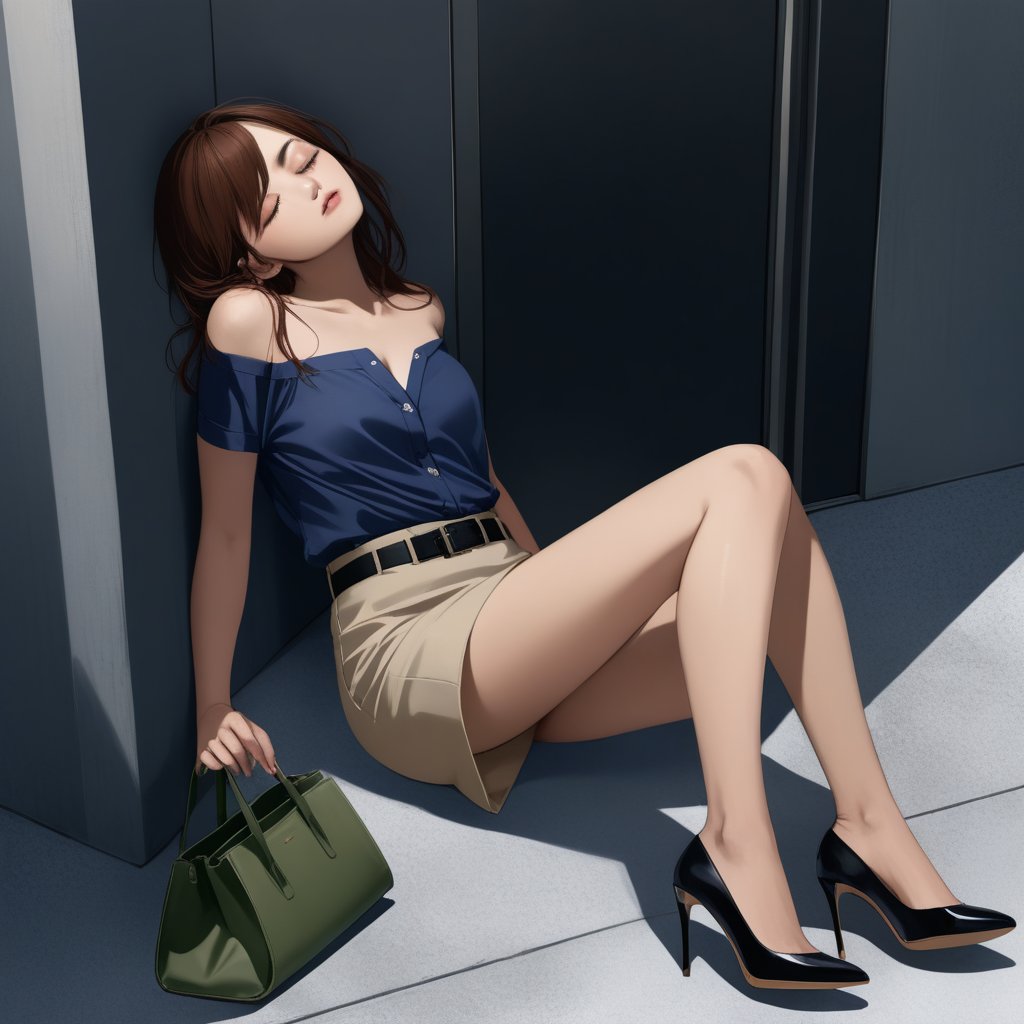 realistic anime illustration of sleeping beautiful office woman is sitting on ground at the room 's corner, her back is leaning against footbridge 's rail, her legs is spreading, closed eyes, her green bag on ground, BREAK, she is black long hair (+reddish-brown ombre hair), wears pastel indigo-blue short sleeve collared  blouse, open blouse, khaki-brown camisole (+strapless), dark beige pencil skirt with black belt, and black heels, BREAK, ((masterpiece:1.2), (best quality:1.2), (very aesthetic:1.2), (absurdres:1.2), (detailed background),intricate details, newest), (1girl, solo, full body), (japanese anime style), BREAK