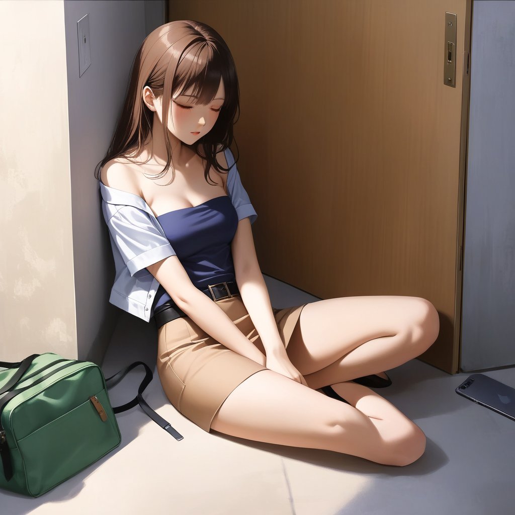 realistic anime illustration of sleeping beautiful office woman is sitting on ground at the room 's corner, her back is leaning against wall, her legs is spreading, closed eyes, her green bag on ground, BREAK, she is black long hair (+reddish-brown ombre hair), wears pastel indigo-blue short sleeve collared  blouse-jacket, open blouse-jacket, brown tube top (+strapless), dark beige pencil skirt with black belt, and black heels, BREAK, ((masterpiece:1.2), (best quality:1.2), (very aesthetic:1.2), (absurdres:1.2), (detailed background),intricate details, newest), (1girl, solo, full body), (japanese anime style), BREAK