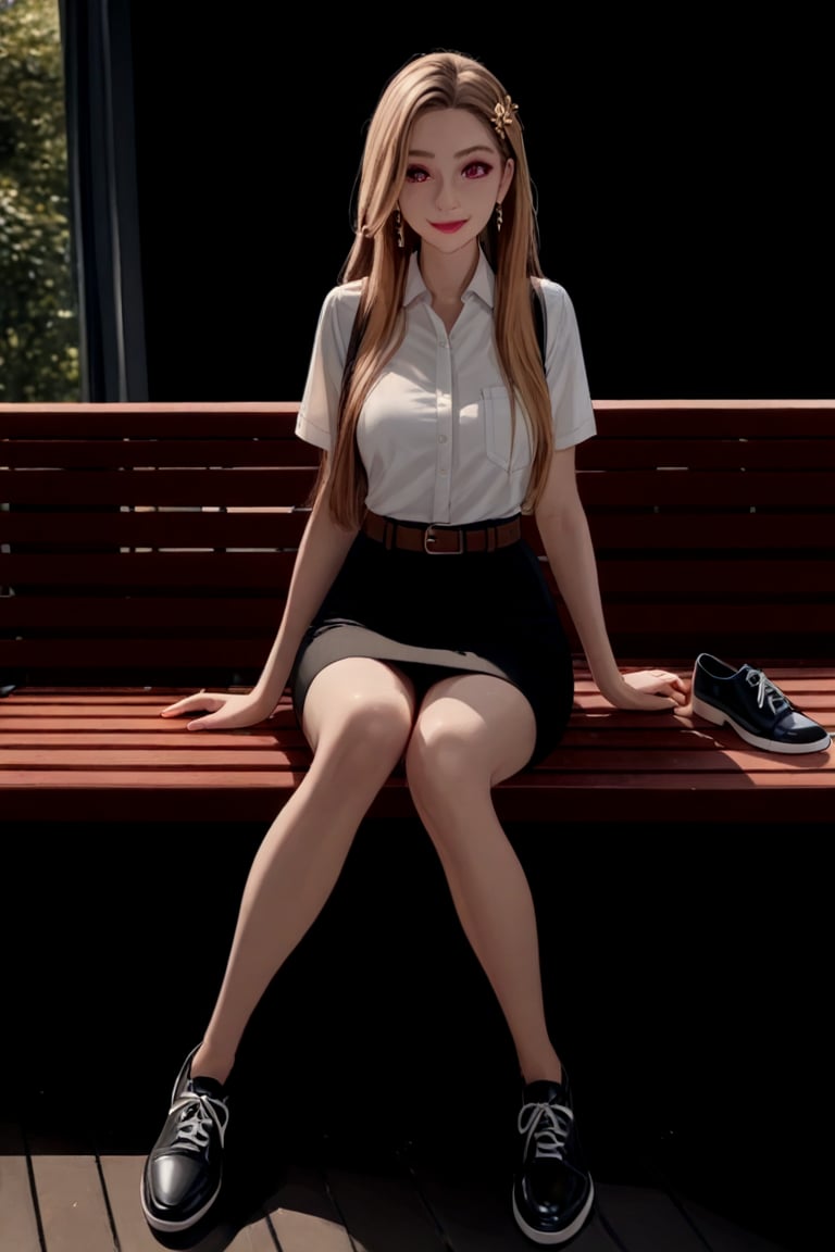 young woman, smiling and sitting on bench at balcony of academy campus, wearing white short sleeves collared shirt), black pencil skirt with brown belt, shoes, BREAK, (1girl, solo, full body), (best quality,4k,8k,highres,masterpiece:1.2),ultra-detailed,(realistic,photo-realistic:1.37),extremely detailed eyes and face,longeyelashes,beautiful detailed lips,beautiful detailed eyes,cinematic lighting,moody lighting,dramatic shadows,vibrant colors,Intricate details,Extremely detailed,Outstanding intricacies,(Masterpiece:1.2),(Best quality:1.2),(Absurdres absolutely resolution:1.4), KJOmarin, blonde hair, pink eyes, long hair, multicolored hair, earrings,marin kitagawa,bangs,red eyes, hair ornament