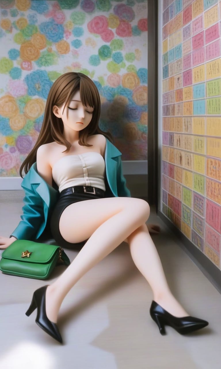 realistic anime illustration of sleeping beautiful office woman is sitting on ground at the room 's corner, her back is leaning against wall, her legs is spreading, closed eyes, her green bag on ground, BREAK, she is black long hair (+reddish-brown ombre hair), wears pastel indigo-blue short sleeve collared  blouse-jacket, open blouse-jacket, brown tube top (+strapless), dark beige pencil skirt with black belt, and black heels, BREAK, ((masterpiece:1.2), (best quality:1.2), (very aesthetic:1.2), (absurdres:1.2), (detailed background),intricate details, newest), (1girl, solo, full body), (japanese anime style), BREAK,score_9,score_8_up,score_7_up,source_anime