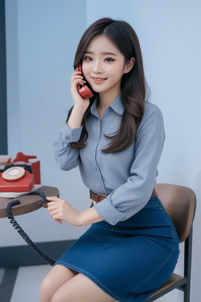 pretty asian woman is sitting while calling a phone, holding a red telephone receiver, smiling, she has dark-brown long hair (+forehead), wears gray half sleeves crop collared shirt, dark prussian-blue ripped denim pencil skirt, brown belt, black ankle boots, BREAK, ((best quality,4k,8k,highres,masterpiece:1.2),ultra-detailed, (very aesthetic:1.2), (absurdres:1.2), (detailed background), intricate details, newest, sfw), (1girl, solo, full body), (japanese anime style),(expressive eyes, perfect face, perfect anatomy)