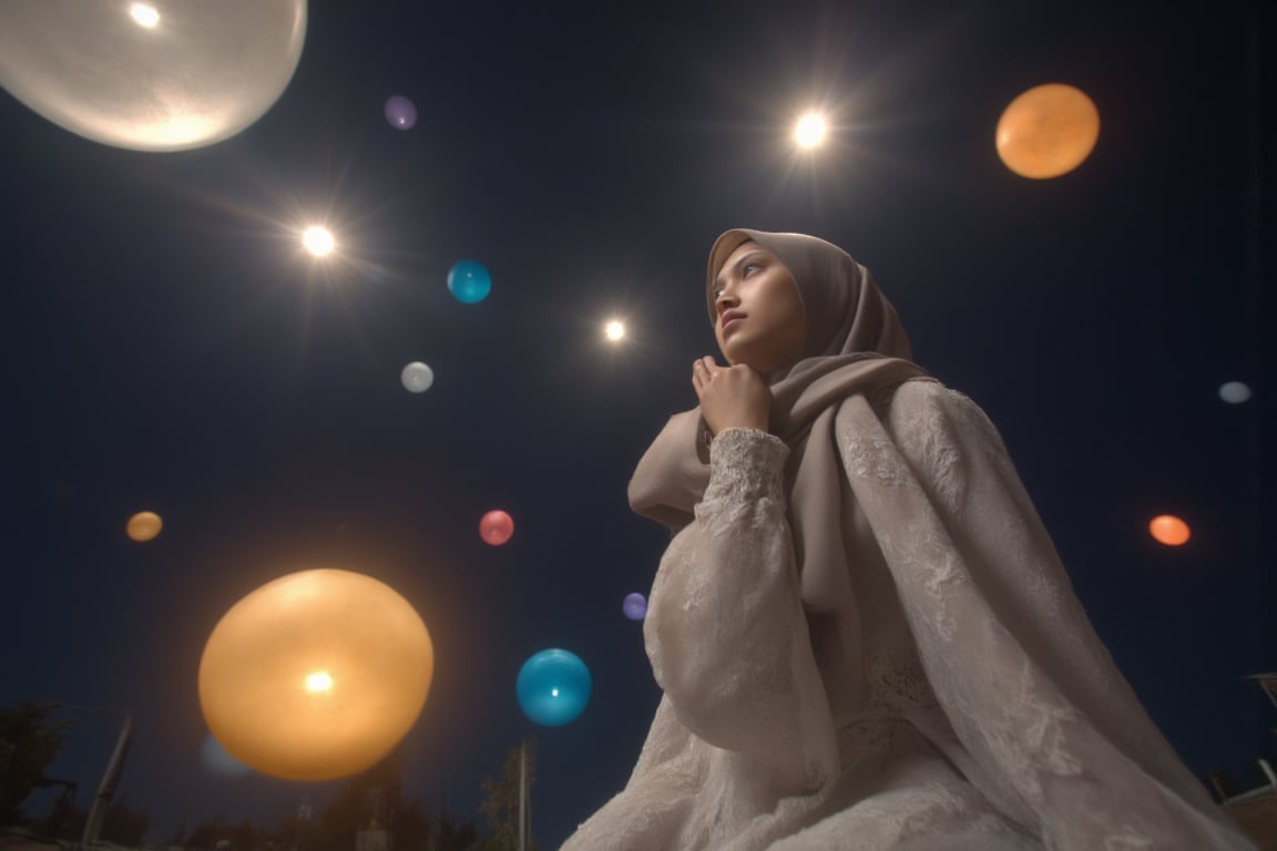 ((In 16K,highest quality,masterpiece,CG,RAW Photos,Super Fine Clear,very wide shot,)),(realistic,detailed eyes and face, 23yo girl,no make-up,emblessed,thin lips,),hijab,white lace dress,on bended knees,hugging myself,look far away,(dark,midnight,in glassland,fantastic lighting,many colorful and various sizes luminous balls are floating in the air,:1.1),shiny skin,crepuscular rays,ysri,Hollywood Cinematic Film style,epic photography,dramatic light,Kodak film style