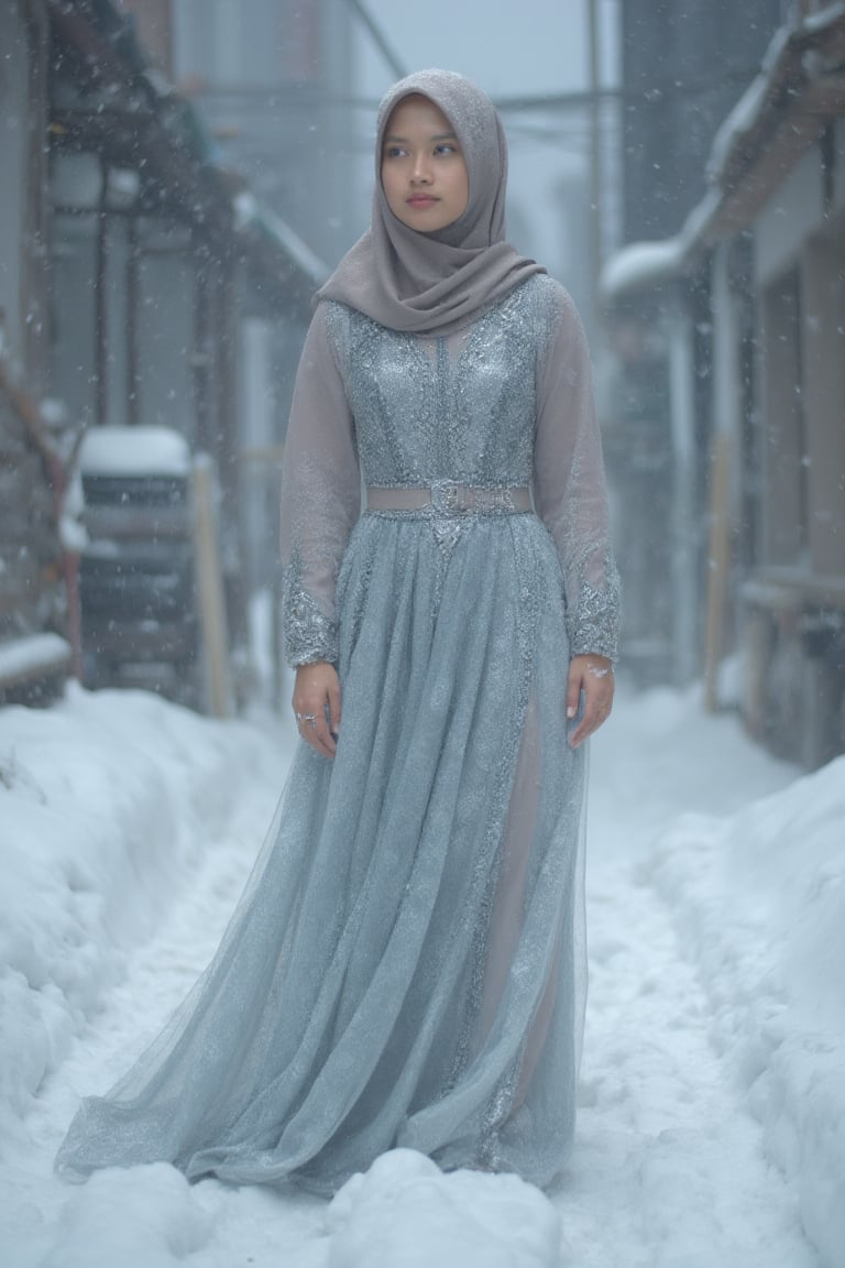 An epic photograph of a girl wearing hijab a stunning ice-themed dress, standing gracefully amidst a heavy snowstorm. The dress appears to be crafted from shimmering ice crystals, glistening as the snowflakes dance around her. Her hijab is lightly dusted with snow, and her expression is one of serene strength, embodying the beauty and power of winter. The swirling snow creates a dramatic backdrop, enhancing the ethereal quality of the scene. Soft light filters through the snowfall, illuminating her figure and adding a magical glow to the icy details of her attire. This image captures the essence of winter's majesty and the elegance of nature, evoking feelings of wonder and awe in the face of an epic snowstorm,ysri