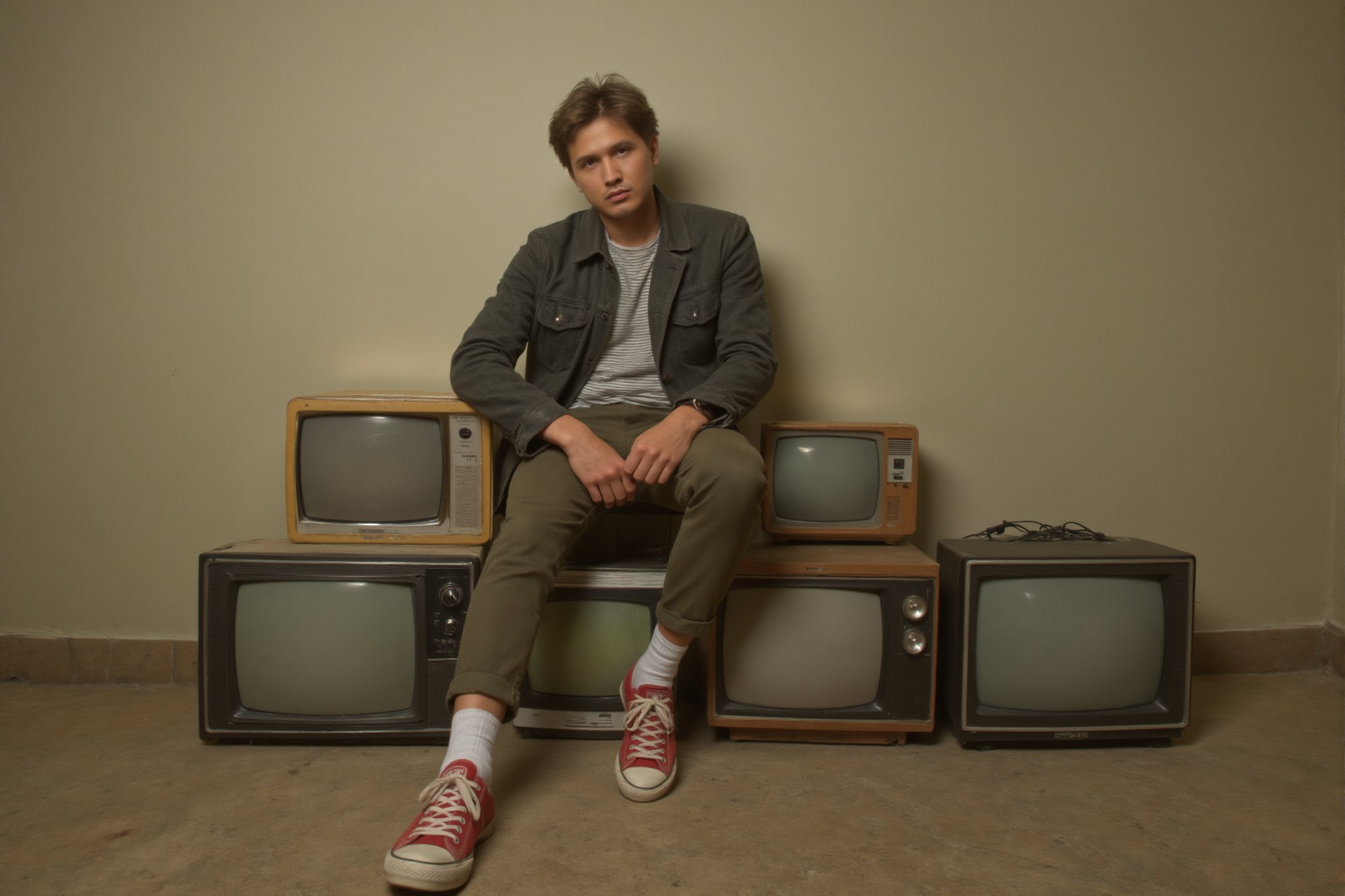 high-resolution photograph of a guy, wearing casual clothes and red converse sneakers, (sits on top of a stack of vintage televisions), old CRT televisions, contemporary, retro, minimalism, warm earthy tones, neutral background, soft diffused lighting, gentle shadows, 50mm lens, grain effect, dreamy nostalgic vibe, (masterpiece, best quality, ultra detailed:1.3), detailed photograpghy,csrlds,Hollywood Cinematic Film style,epic photography,dramatic light,Kodak film style,DarkAtmosCE style