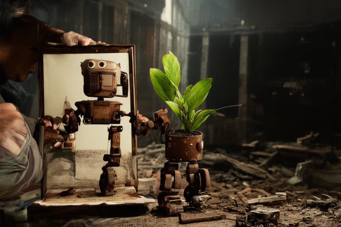 An artist who is showing art, front view and close up photorealistic, wasteland background, cute rusty robot planting a tiny green plant, dark lighting, distopian background