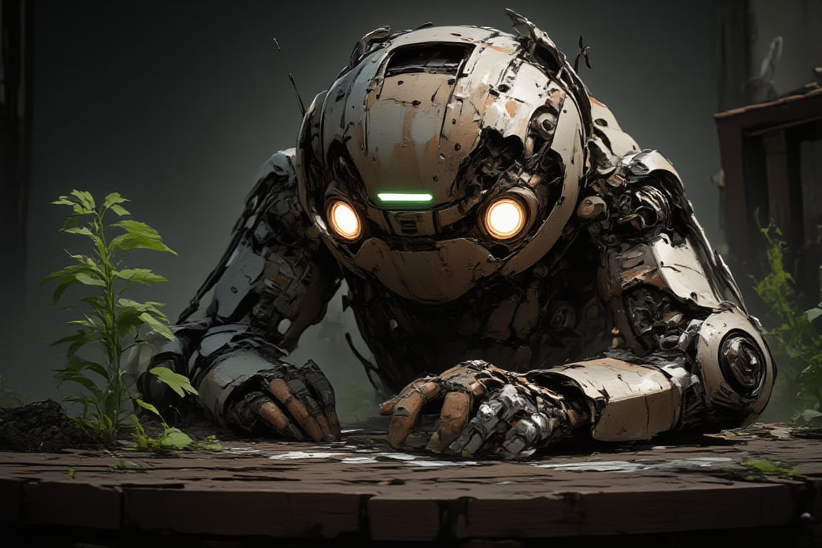 An artist who is showing art, front view and close up photorealistic, wasteland background, cute rusty robot planting a tiny green plant, dark lighting, distopian background