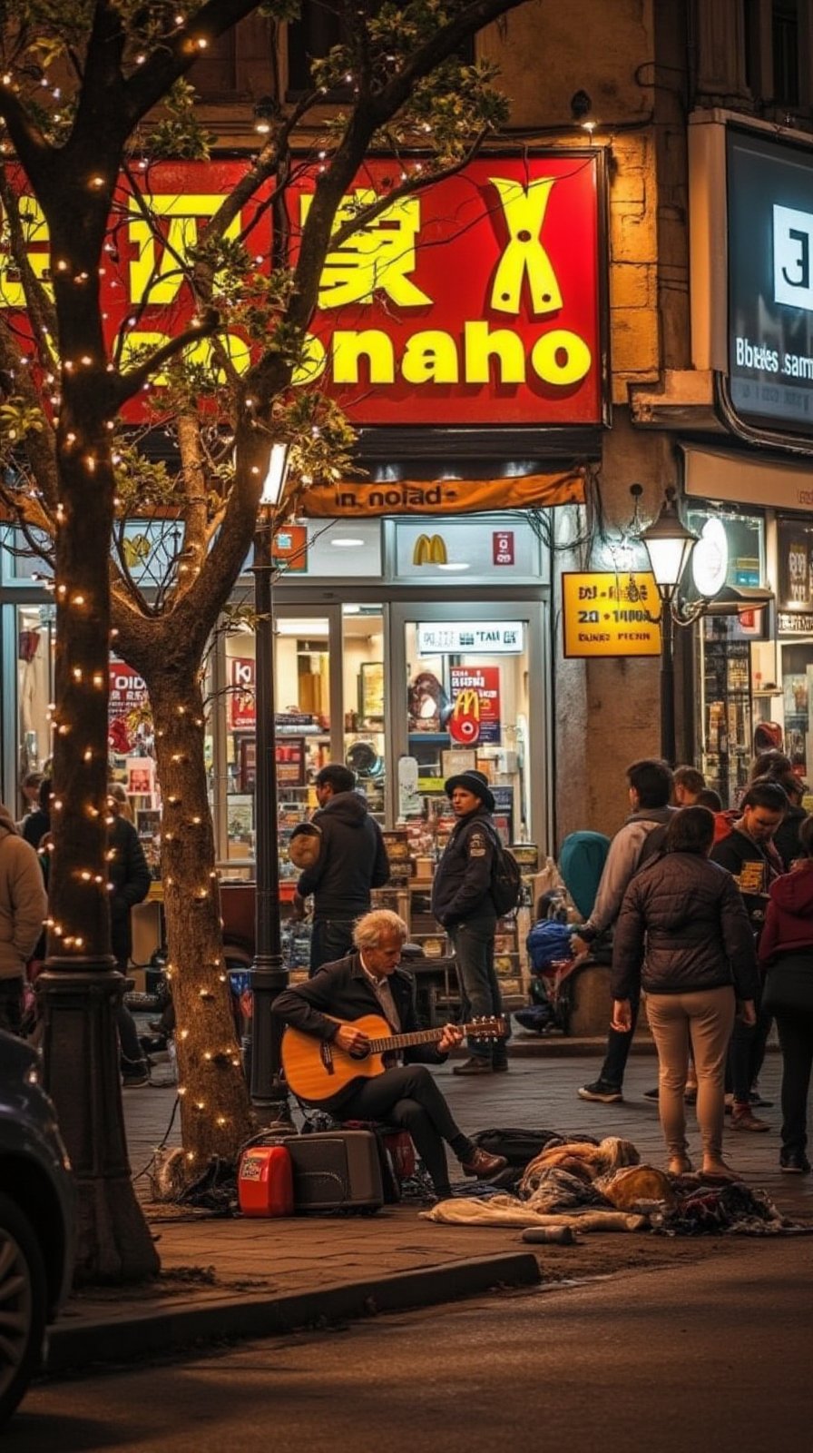 A busker's energetic performance under the glow of neon lights in front of a McDonald's premises at night. The musician sits on the sidewalk, guitar slung low, as passersby stop to watch. Strings of twinkling fairy lights wrap around nearby lampposts, casting a warm ambiance. The sound system amplifies the busker's soulful voice and strummed chords. A sea of yellow and red McDonald's signage serves as a vibrant backdrop, while curious onlookers gather, mesmerized by the impromptu concert.,terpaling