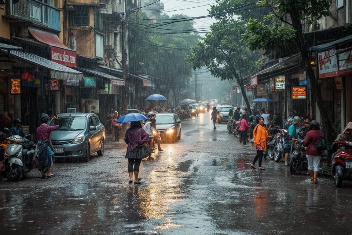 A flooded street in a Malaysian city during a heavy downpour. The camera captures the chaos from a low angle, looking up at the torrential rain pouring onto the asphalt. Waterlogged cars are parked on either side, their lights reflecting off the puddles like tiny diamonds. People in ponchos and umbrellas hurry to escape the deluge, while the city's sounds of honking horns and chattering pedestrians fill the air.,terpaling