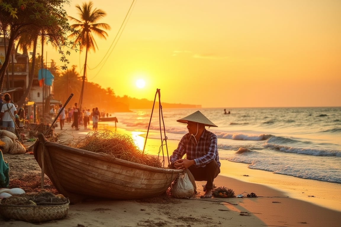 A warm sunset scene along the beachside, with a laid-back fisherman sitting at the edge of the shore, wear straw hat, his worn wooden boat and fishing nets scattered around him. The golden light of late afternoon casts a serene ambiance, with the sound of waves gently lapping against the shore creating a soothing melody.,terpaling