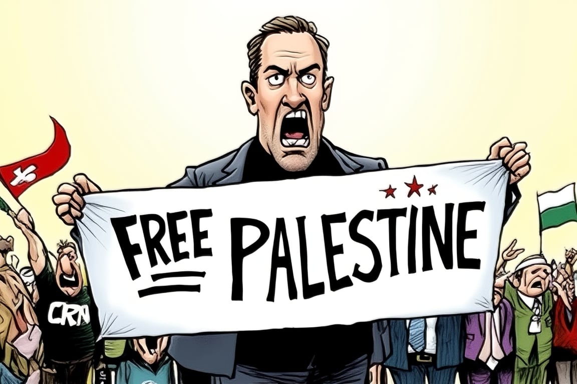 Angry man hold banner write (FREE PALESTINE), angry potestors background ,cartoon1 