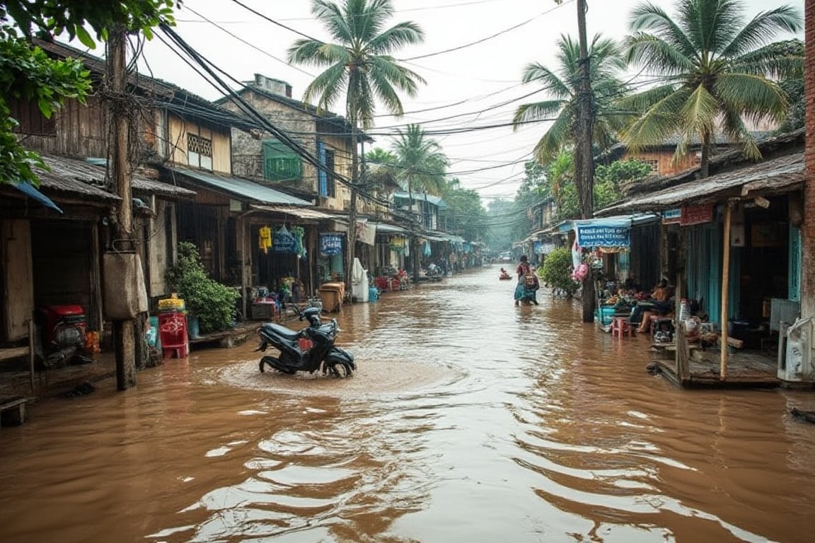 A flooded street in a Malay village during monsoon season, with murky brown water rushing past wooden houses and shops. A lone motorbike floats on the surface, its owner nowhere to be seen. In the background, palm trees sway gently in the wind, their leaves heavy with rainwater. The atmosphere is eerie and abandoned.,terpaling