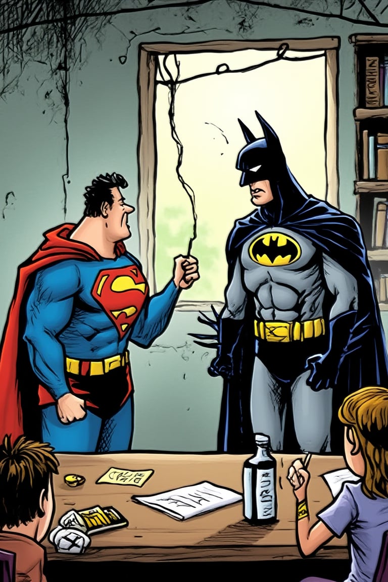 superman and batman play checker at malay stall at village ,cartoon1 